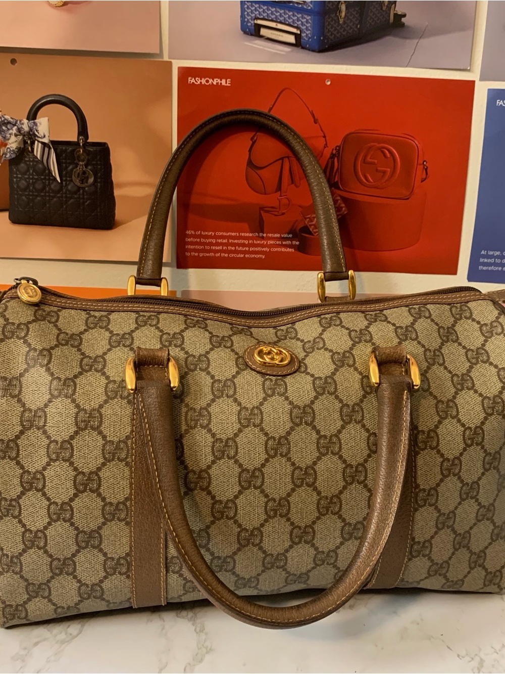 Gucci Beige GG Supreme Canvas Brown Leather Top-Handle Satchel